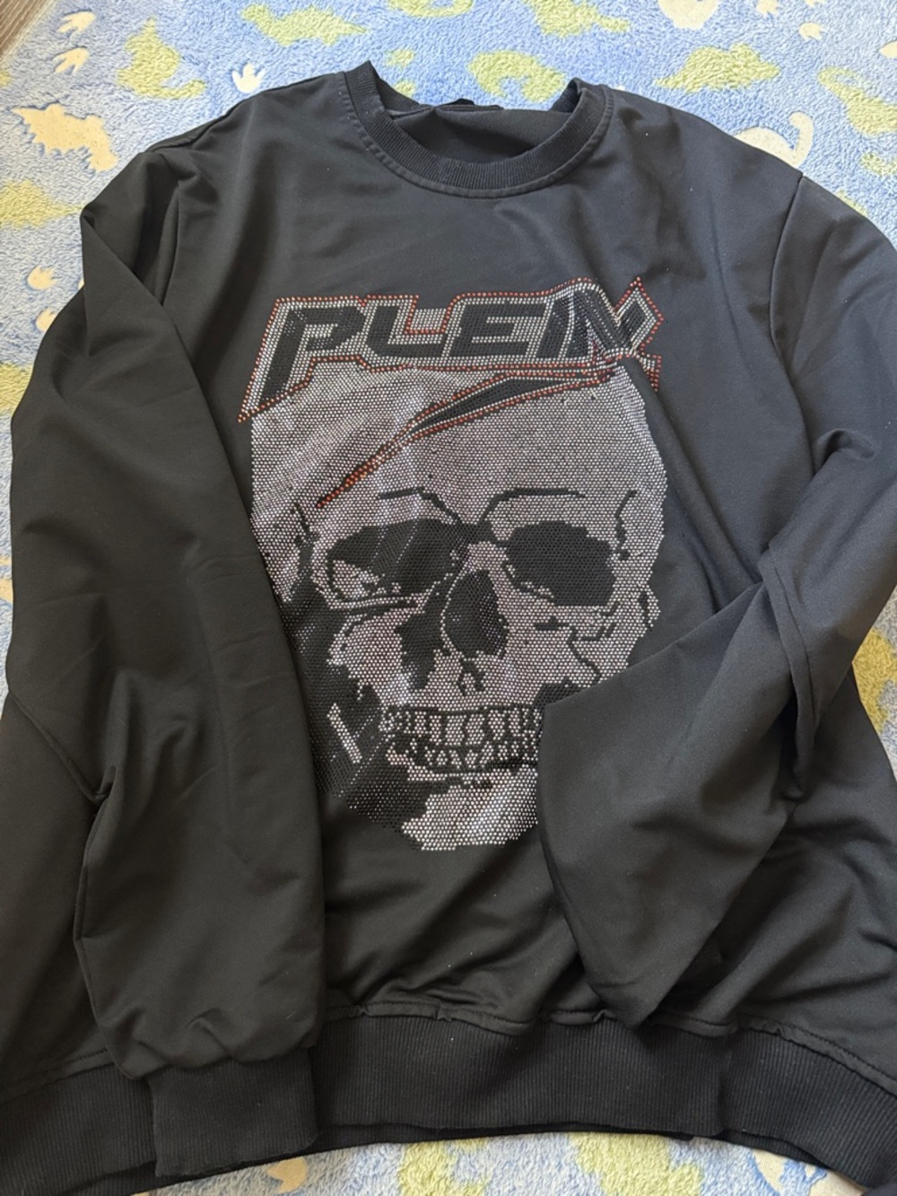 Plein Sport Black Crewneck Sweater with Rhinestone Skull